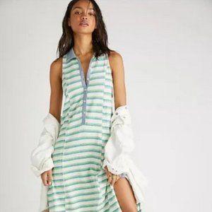 Free People Downtown Midi DRess Striped Blue Green Collared Buttoned Knit